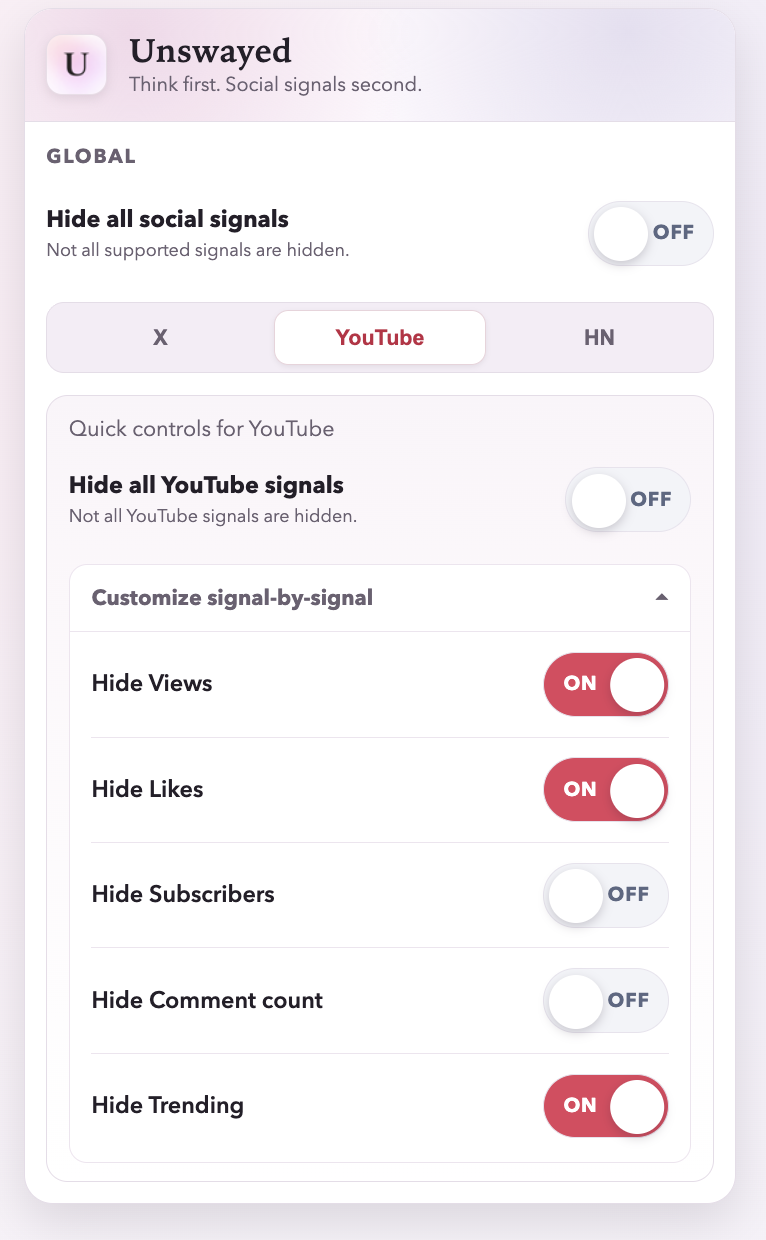 Unswayed side panel settings for YouTube.